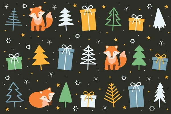 Милые Рождественские Мотивы Лиса Дерево Подарочные Коробки Векторные Иллюстрации Eps10 — стоковый вектор