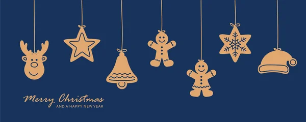 Christmas Card Hanging Gingerbread Cookies Decoration Blue Background Vector Illustration —  Vetores de Stock