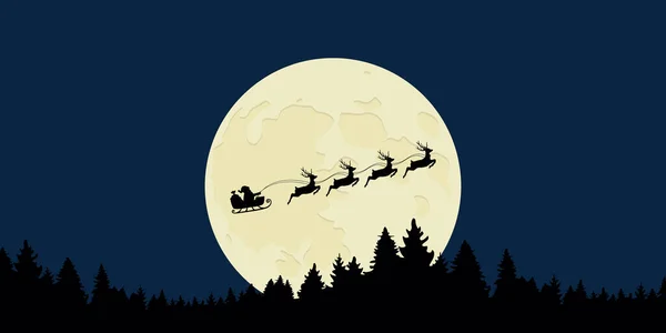 Santa Claus Con Trineo Renos Luna Llena Ilustración Vectorial Paisajes — Vector de stock