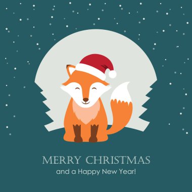 Karlı kış manzaralı şirin tilkiyle Noel tebrik kartı EPS10 tasviri