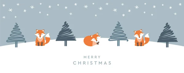 Χαριτωμένο Χριστούγεννα Κίνητρα Αλεπού Δέντρο Και Κουτί Δώρου Διανυσματική Απεικόνιση — Διανυσματικό Αρχείο