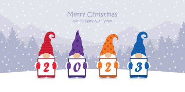 christmas greeting card 2023 with cute christmas dwarf and snowy landscape vector illustration EPS10