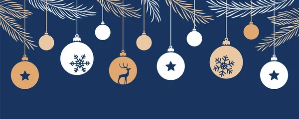 Boldog Karácsonyt Kártya Lógó Labda Dekoratoin Fenyő Ágak Vektor Illusztráció — Stock Vector