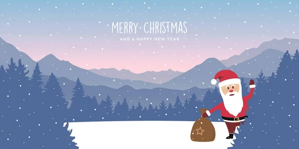 Mignon Père Noël Sur Neige Montagne Forêt Hiver Paysage Noël — Image vectorielle
