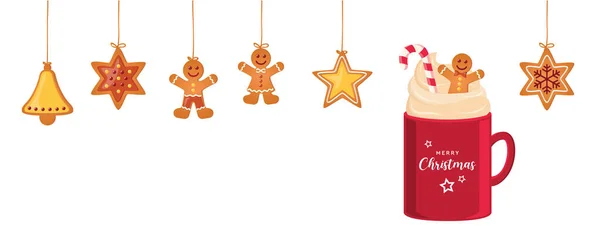 Karácsonyi Kártya Lógó Mézeskalács Cookie Kakaó Ital Vektor Illusztráció Eps10 — Stock Vector