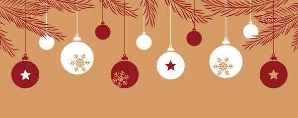Boldog Karácsonyt Kártya Lógó Labda Dekoratoin Fenyő Ágak Vektor Illusztráció — Stock Vector
