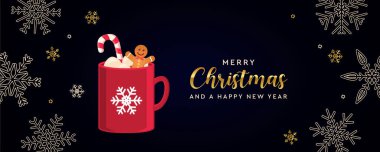 Mutlu noel tebrik kartı sıcak içeceği ve kar tanesi arkaplan vektör illüstrasyonunda zencefilli ekmek EPS10