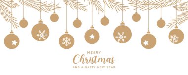 Asılı top dekoratörü ve köknar dalları vektör illüstrasyonlu mutlu noel kartları EPS10