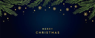 Noel tebrik kartı arkaplanı köknar dalları ve altın metin vektörü illüstrasyonu EPS10