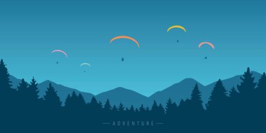 Dağların vektör illüstrasyonunda mavi gökyüzünde rengarenk paraglider grubu EPS10