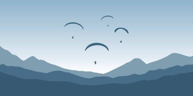 Günbatımı vektör illüstrasyonu EPS10 'da arkadaşlarıyla mavi dağ arka planında uçan paraşüt macerası