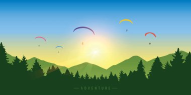 Dağların vektör illüstrasyonunda mavi gökyüzünde rengarenk paraglider grubu EPS10