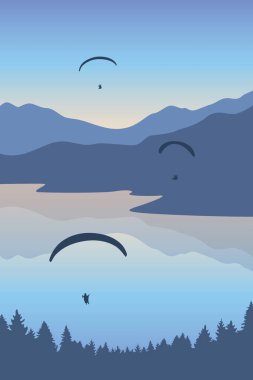paragliding adventure with friends on mountain landscape at sunset vector illustration EPS10 clipart