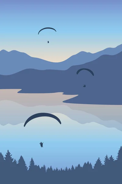 Paralotniarstwo Przygoda Przyjaciółmi Górskim Krajobrazie Zachodzie Słońca Wektor Ilustracja Eps10 — Wektor stockowy