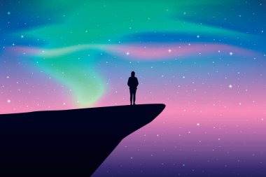 Uçurumdaki kız renkli yıldızlı gökyüzüne bakıyor aurora borealis vektör çizimi EPS10