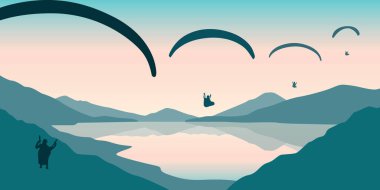 paragliding adventure flying with friends by the lake on mountain background at sunset vector illustration EPS10