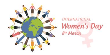 Mutlu Kadınlar Günü 8 Mart Dünya 'da farklı kadınlardan oluşan bir grup vektör illüstrasyonu EPS10