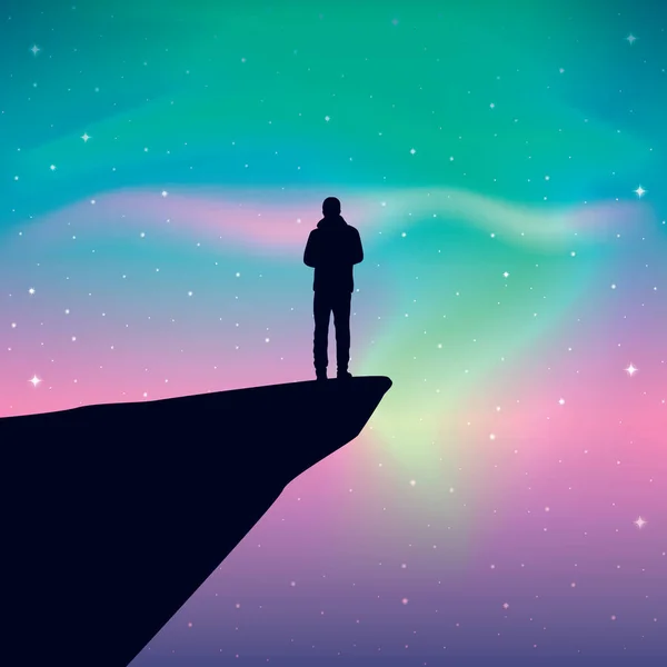 Jeune Homme Sur Une Falaise Regarde Dans Ciel Étoilé Coloré — Image vectorielle