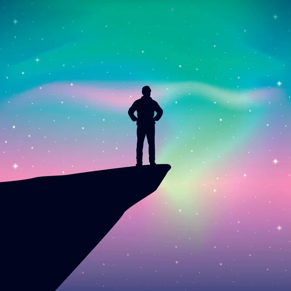 Hombre Acantilado Mira Cielo Estrellado Colorido Con Ilustración Vectorial Aurora — Archivo Imágenes Vectoriales