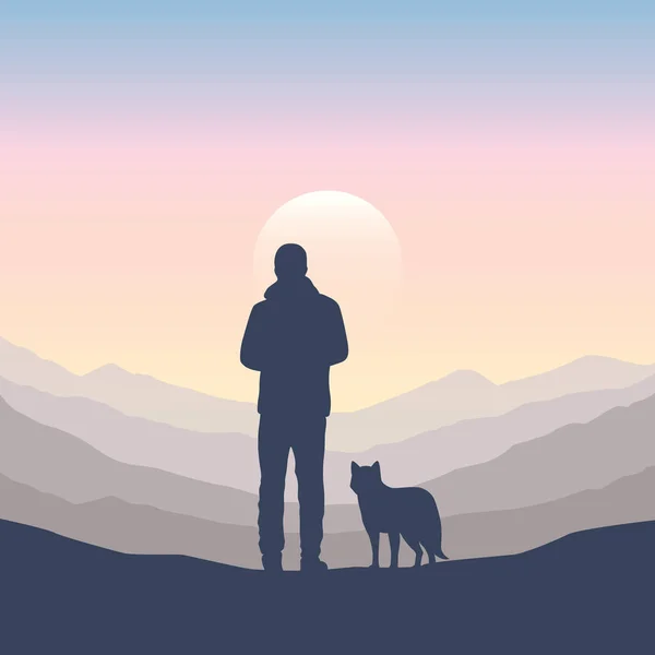 Manusia Dengan Anjing Lanskap Gunung Vektor Matahari Terbit Ilustrasi Eps10 - Stok Vektor