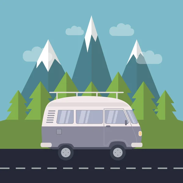 Caravana Naturaleza Por Las Montañas Nevadas Ilustración Vector Vista Bosque — Vector de stock