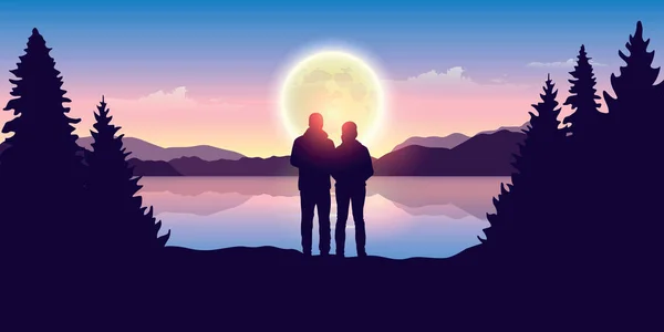 若いカップルは 美しい湖のベクトル図 Eps10 で満月に見える — ストックベクタ