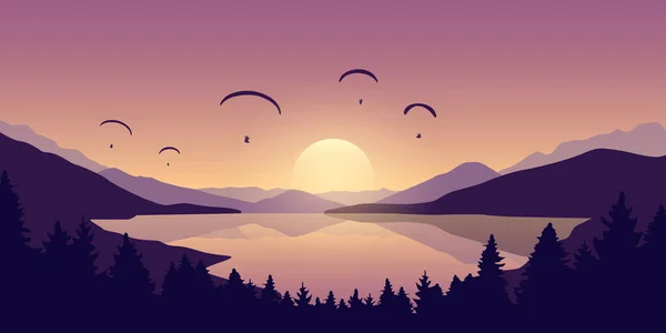 Paragliding Adventure Flying Friends Lake Mountain Background Sunset Vector Illustration — Stockový vektor