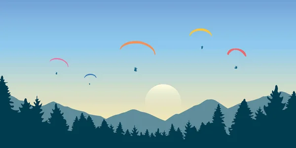 山の中の青い空にカラフルなパラグライダーのパラグライダーの冒険グループをパラグライダーベクトルイラスト Eps10 — ストックベクタ
