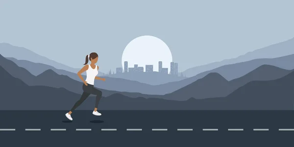 Τρέξιμο Κορίτσι Στο Ορεινό Τοπίο Υπαίθρια Αθλητισμού Την Πόλη Άποψη — Διανυσματικό Αρχείο