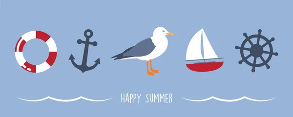 Happy Summer Holiday Banner Design Gull Sailing Boat Shell Anchor — Vetor de Stock