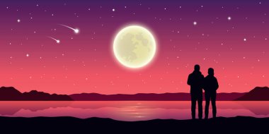 romantik bir gece çift göle dolunay ve sabit yıldız vektör çizim Eps10 aşık