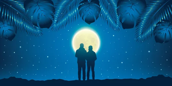 Couple Romantique Fond Nuit Avec Pleine Lune Feuilles Palmier Illustration — Image vectorielle