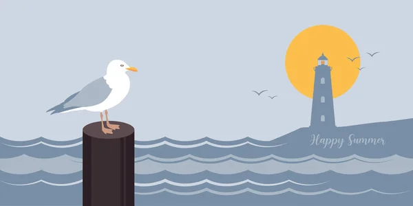 Gull Sea Summer Marine Outdoor Design Lighthouse Vector Illustration Eps10 — Vetor de Stock
