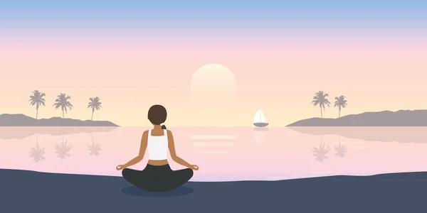 Yoga Meisje Zomer Landschap Door Zee Vakantie Ontwerp Vector Illustratie — Stockvector
