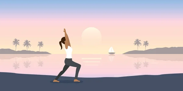 Yoga Mädchen Auf Sommer Landschaft Meer Urlaub Design Vektor Illustration — Stockvektor