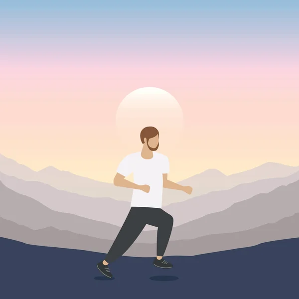 Τρέξιμο Αθλητικός Άνθρωπος Στο Μωβ Τοπίο Βουνό Διανυσματική Απεικόνιση Eps10 — Διανυσματικό Αρχείο