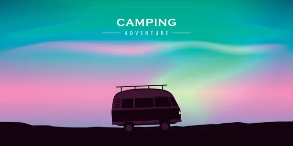 Camping Adventure Camper Van Aurora Borealis Background Vector Illustration Eps10 — Stock Vector