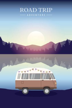 Kamp macerası yaz tatili Göl vektörü illüstrasyonu EPS10 'un yanında karavan ile