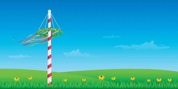 Maypole Avec Des Rubans Colorés Sur Illustration Vectorielle Prairie Verte — Image vectorielle