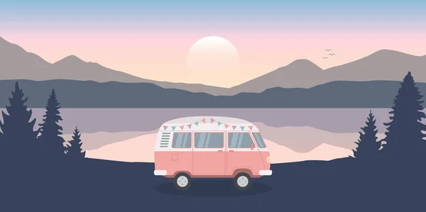 Aventura Camping Wanderlust Desierto Con Autocaravana Por Lago Vector Ilustración — Vector de stock