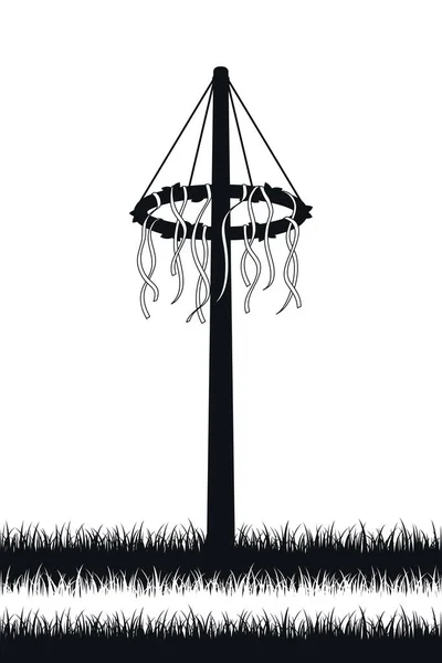 Maypole Avec Rubans Sur Silhouette Prairie Sur Illustration Vectorielle Blanche — Image vectorielle