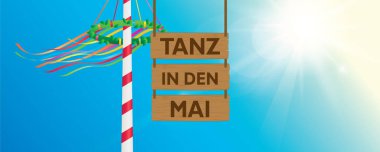 Ahşap levha -tanz in den mai-maypole renkli kurdele vektör illüstrasyonu EPS10