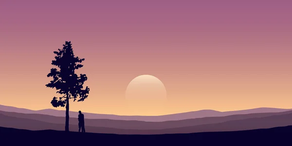 Verliebtes Paar Unter Einem Baum Berglandschaft Bei Sonnenschein Vektor Illustration — Stockvektor