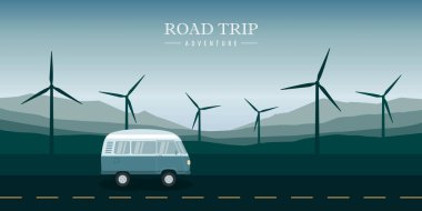 Dağ ve yel değirmenleri siluet arka plan illüstrasyon EPS10 karavanıyla yolculuk macerası