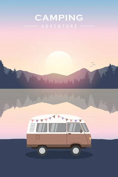 Camping Dobrodružství Letní Dovolená Karavanem Van Jezera Vektorové Ilustrace Eps10 — Stockový vektor