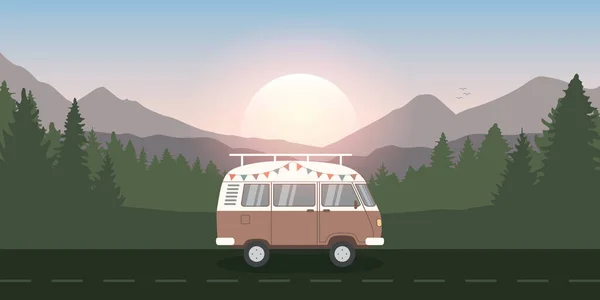 Aventura Camping Wanderlust Desierto Con Camper Van Vector Ilustración Eps10 — Vector de stock