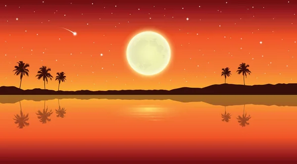Pleine Lune Sur Plage Paradisiaque Palmier Romantique Fond Vacances Illustration — Image vectorielle