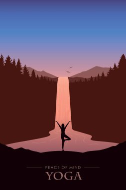 Şelale nehrinin altında, dağlarda huzur yogası güzel günbatımı vektör illüstrasyonunda EPS10