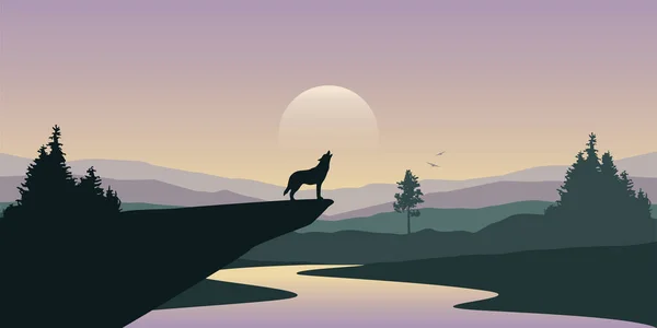 Wolf Heult Zum Vollmond Wald Auf Fluss Gebirgslandschaft Vektor Illustration — Stockvektor