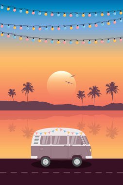 Kamp aracıyla tropikal deniz manzarası üzerinde yolculuk. Palmiye ağaçları vektör illüstrasyonu EPS10
